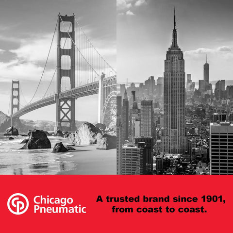 Chicago Pneumatic logo with Golden Gate Bridge and Empire State Building imagery, brand text emphasizes trust since 1901.