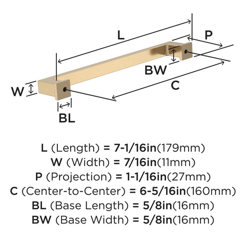 Diagram of Champagne Bronze Bridgeport Cabinet Pull 6-5/16 Inch Center to Center 7-1/16 Inch Total Length with measurements.