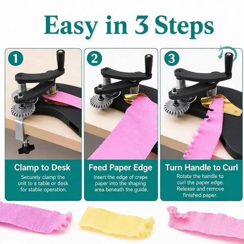 Step-by-step use of Crepe Paper Curling Tool for florists and crafters with wear resistant roller and dual gear crimp options.
