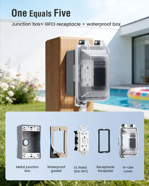 Installed All In One Outdoor GFCI Kit With In Use Cover And Junction Box No Fuss 1 Gang Non Metal Weatherproof Outlet Box 20 Amp TR WR UL Listed GFCI Receptacle Extra Duty Lockable Cover Black 1 Pack