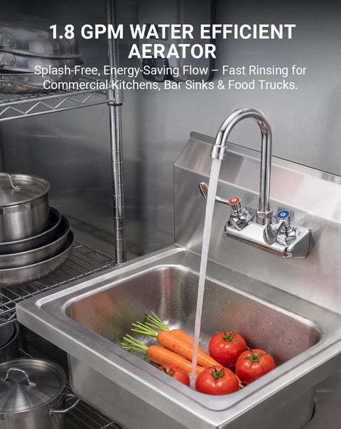 Phivan 4" Wall Mount Brass Kitchen Sink Faucet, 3-1/2" Gooseneck Spout with water flow over vegetables in stainless steel sink.