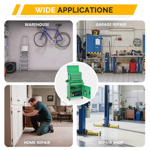Heavy Duty Rolling Tool Chest With Lockable Swivel Wheels And Easy Pop Off Detachable Top in green, shown amid multiple work environments.