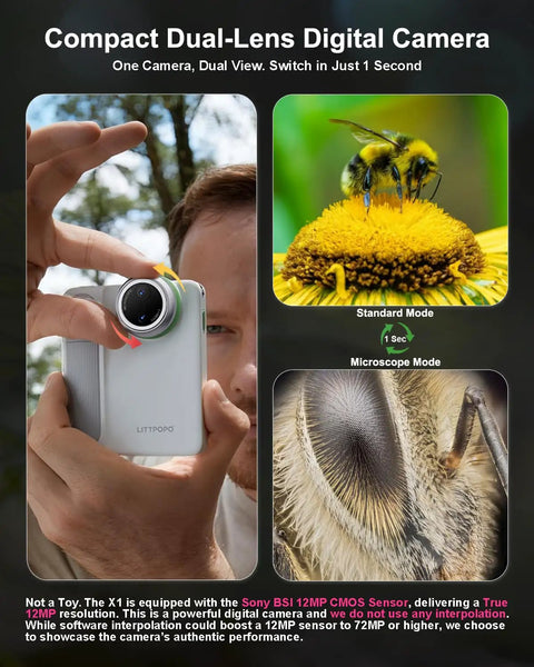 4K Microscope Camera for Kids With 12MP BSI Sensor, Autofocus, 400X Magnification, 3.5 Inch LCD, Portable Point and Shoot for STEM Learning, Travel Ready, Ideal Gift, 128GB Included dual-lens camera in hand