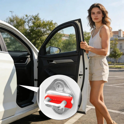 Set Of Four Silicone Auto Door Dampers in a vehicle door channel, red silicone pad visible for noise reduction.