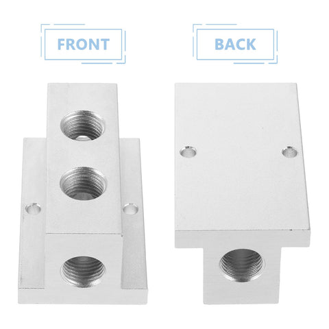 Front and back view of T Type Air Divider Block Pneumatic Multi Port Manifold 2 Position 4 Hole Compact Air Distribution Adapter