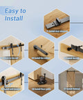 Installation steps for CCJH Six Point Six Feet Heavy Duty Sliding Barn Door Hardware Kit with door stoppers and floor guide.