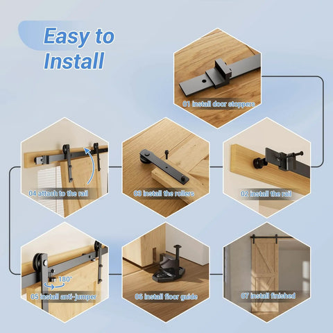Installation steps for CCJH Six Point Six Feet Heavy Duty Sliding Barn Door Hardware Kit with door stoppers and floor guide.