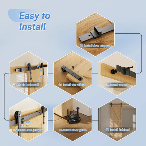 Step-by-step installation of Heavy Duty Sliding Barn Door Hardware Kit 6.6Ft with Solid Steel Rollers for 36 to 40 inch doors.
