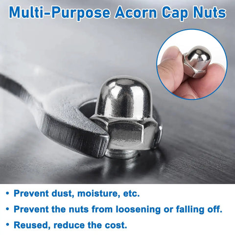 Hella Tough 107 Pieces 304 Stainless Steel Acorn Cap Nut Assortment Pack Pro Imperial And Metric Sizes For Smooth Custom Builds and Knockout Repair Projects close-up of an acorn cap nut with wrench.