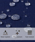 Close-up of 2 Pack Outdoor Patio Chair Cushions 20x20x4 Navy Waterproof With Non Skid Ties High Density Foam Cushion showing water repellency.