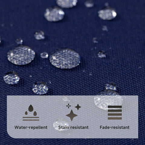 Close-up of 2 Pack Outdoor Patio Chair Cushions 20x20x4 Navy Waterproof With Non Skid Ties High Density Foam Cushion showing water repellency.