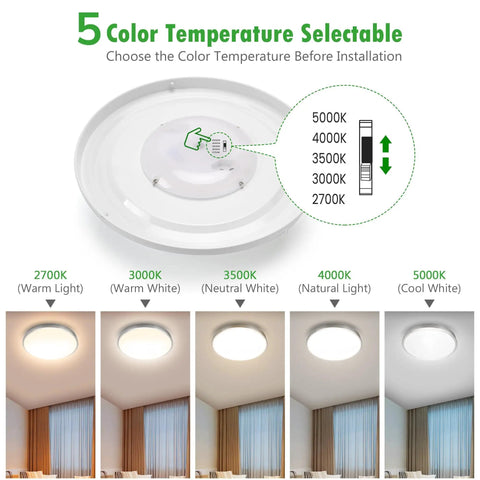 12 Inch LED Ceiling Light With Five Color Temperature, settings and light variations shown, flush mount brushed nickel finish