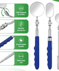 Extendable Telescoping Inspection Mirror Set With Rotating Heads And Long Handle For Mechanics Inspectors And Auto Boat Maintenance Includes 50mm Round 25mm Oval And 30mm Small Round Mirrors, blue handle