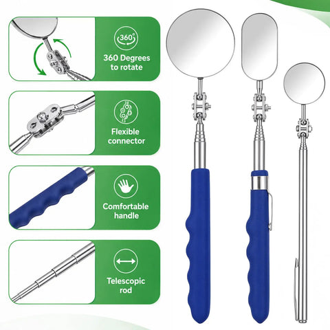 Extendable Telescoping Inspection Mirror Set With Rotating Heads And Long Handle For Mechanics Inspectors And Auto Boat Maintenance Includes 50mm Round 25mm Oval And 30mm Small Round Mirrors, blue handle