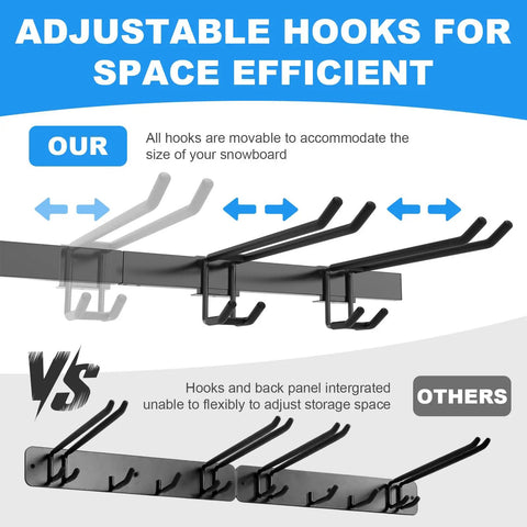 Adjustable hooks on 48 Inch Ski Rack Wall Mount With Hella Heavy Duty Holders For Garage And Shed for space-efficient storage