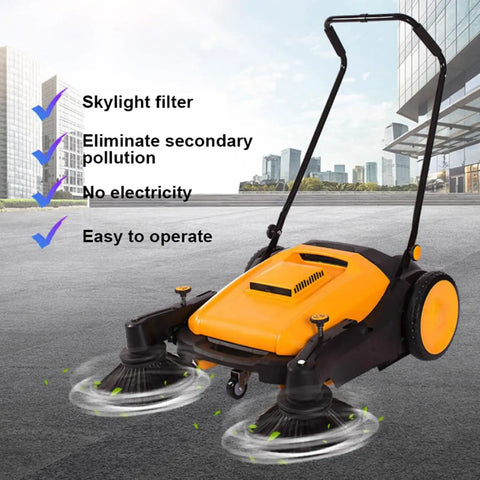 Heavy Duty Manual Floor Sweeper With Foldable Handle And 12 Gallon Waste Container For Commercial Use. This Motorless Machine Covers 38,000 Square Feet Per Hour Providing A Quiet, Efficient Cleaning Solution For Any Space Without Needing Electricity Or