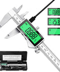 6 Inch Digital Caliper With Large Backlit LCD Display, Stainless Steel Vernier Calipers Tool, Inch MM Fraction Readouts, USB C Rechargeable, Auto Off, Great For DIY Home Projects And 3D Printing product showing LCD display and case