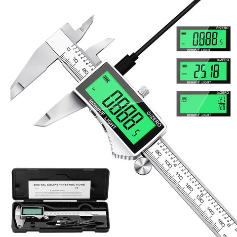6 Inch Digital Caliper With Large Backlit LCD Display, Stainless Steel Vernier Calipers Tool, Inch MM Fraction Readouts, USB C Rechargeable, Auto Off, Great For DIY Home Projects And 3D Printing product showing LCD display and case