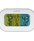 Wireless Temp Station With Outdoor Sensor And Tri Color LCD displaying indoor and outdoor temperature and humidity, time and date.