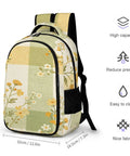 Yellow Green Plaid Floral Print Backpack For Everyday Use, unisex large capacity daypack with durable polyester and multiple pockets