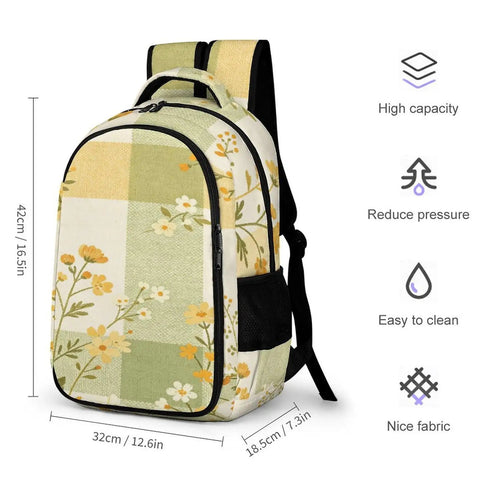Yellow Green Plaid Floral Print Backpack For Everyday Use, unisex large capacity daypack with durable polyester and multiple pockets
