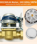 Zone Valve Motor Replacement 802360JA for Honeywell V8043 V8044, 24V 5W motor, stainless steel, close-up view of valve and motor components.