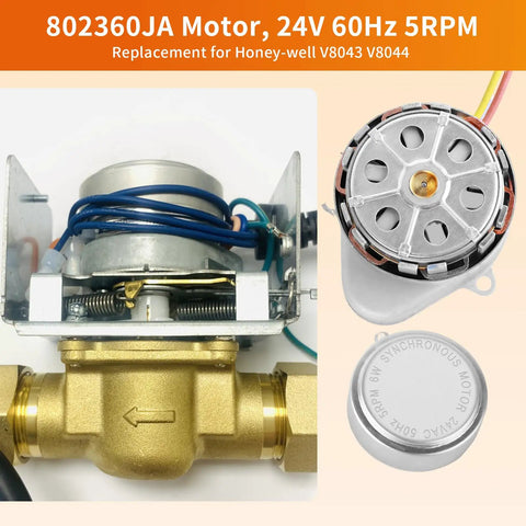 Zone Valve Motor Replacement 802360JA for Honeywell V8043 V8044, 24V 5W motor, stainless steel, close-up view of valve and motor components.