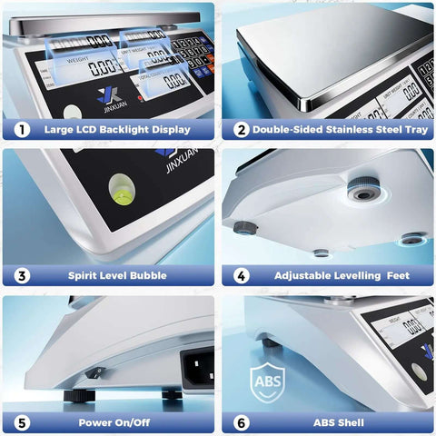 Heavy Duty Industrial Counting Scale 30kg 66lb With 0.1g Precision Bench Scale For Inventory Counting Of Small Parts And Coins, Digital Gram Scale With Batteries Or AC Power, Includes Lb G Kg Oz Readouts; features LCD display, stainless steel tray, spirit level, levelling feet, power switch, ABS shell.