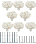 Ivory White Rose Flower Cabinet Pulls 8 Pack With 8 Mounting Screws Vintage Style Kitchen Drawer Knobs For Doors Dressers Wardrobes Cupboards Gold Finish One And A Quarter Inch Length Twenty Two Millimeter Height