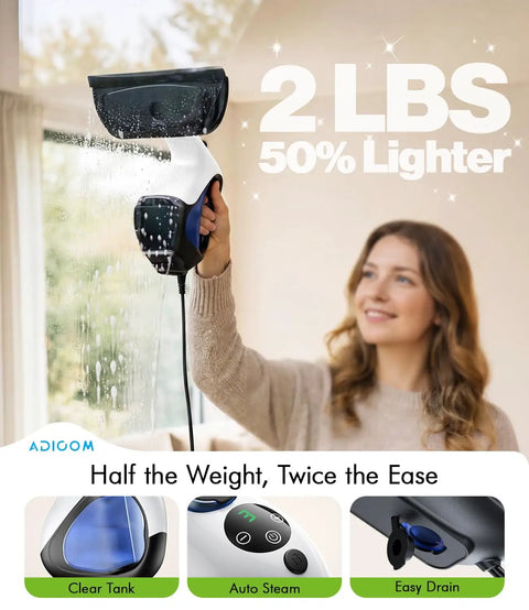 Handheld Steam Cleaner Instant Heat Up 3 Seconds For Homes, user cleaning window with lightweight 2 lbs device.