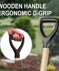 Close-up of D-handle on 41-inch all purpose round shovel with sturdy wooden handle for digging and yard cleanup.