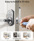 Slick Keyless Entry Door Lock Handle With Built In Keypad In Satin Nickel being installed on a door frame.