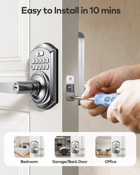 Slick Keyless Entry Door Lock Handle With Built In Keypad In Satin Nickel being installed on a door frame.