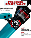 Pressure relief valve on heavy duty hydraulic crimping tool and cable cutter kit for 12 AWG up to two zero gauge wires and one eighth inch stainless steel wire rope pro grade tool with nine die sets and handy storage case.