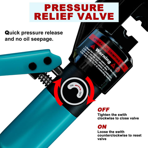 Pressure relief valve on heavy duty hydraulic crimping tool and cable cutter kit for 12 AWG up to two zero gauge wires and one eighth inch stainless steel wire rope pro grade tool with nine die sets and handy storage case.