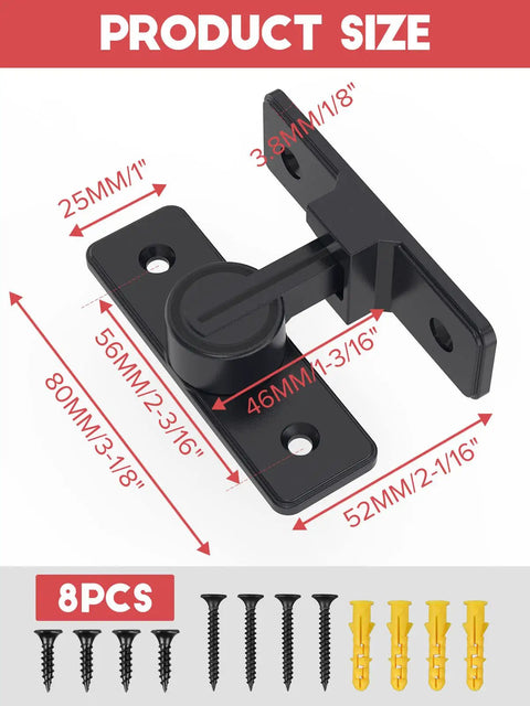 Beefy Heavy Duty 90 Degree Gate Latch With Zinc Alloy Hardware shown with dimensions and fixings, ideal for outdoor use.