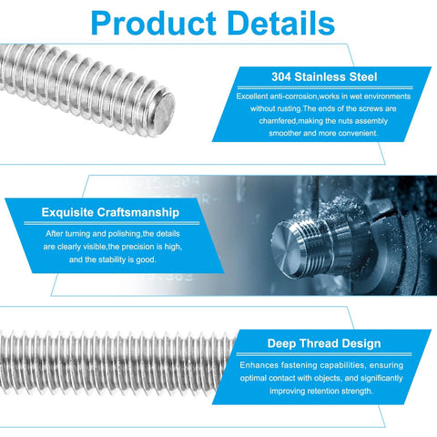 Fully threaded rod, 3/8-16 UNC, 304 stainless steel, 1.6 in length, 15-piece set; front and side views.
