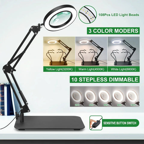 Desk Magnifier With Light And Stand Flexible Gooseneck Magnifying Lamp With 5X And 10X Lenses 12V LED Beads Three Mode Dimmer shown