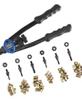 13-Inch Nut And Thread Hand Riveter Kit With Toolless Quick-Change Head Spring Loaded Inner Hex Sleeve And Easy Mandrel And Nose Piece Swapping For Quick Setup No Disassembly Necessary, featuring mandrels and rivet nuts, on white background.