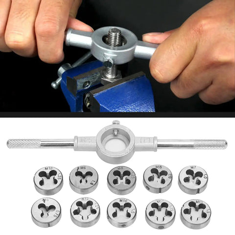 Solid 11 Piece Screw Thread Tap Die Set With Precision CNC Machined Tools Made For Heavy Duty Mechanical Jobs And Hard Steel Cutting Up To 60 Hrc High Performance Hand Tool Kit Including Quick Grip 25mm Wrench, shown with dies and wrench