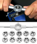 Heavy Duty M6 To M12 Screw Thread Tap Die Set For Manual Threading With Precision Machined CNC Dies And Steel Hand Wrench Tool Kit For Mechanics, shown with taps