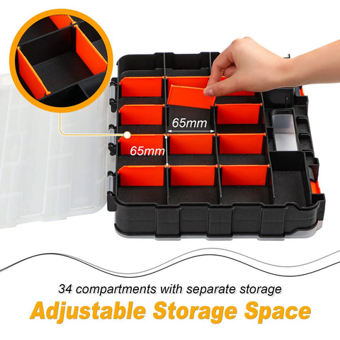 Hand adjusting compartment in 3 Pack Double Sided Toolbox Organizer With 34 Removable Compartments Handy Hardware Storage Case
