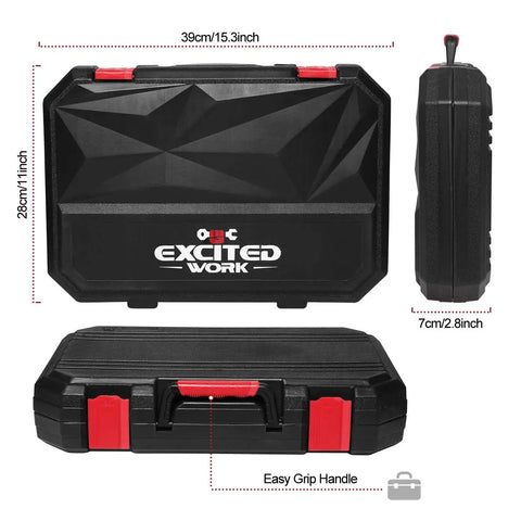128 Piece General Home Tool Set With Plastic Toolbox Case, black with red accents, compact size with easy grip handle, labeled dimensions