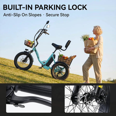 Adult Electric Tricycle With Folding Fat Tire Three Wheel E Trike 500W Motor UL2849 48V 10.4Ah Removable Battery step-through frame with parking lock