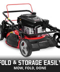 Self Propelled 21 Inch Gas Lawn Mower With 170cc OHV Engine, rear-wheel drive, folded for easy storage
