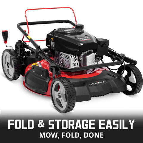 Self Propelled 21 Inch Gas Lawn Mower With 170cc OHV Engine, rear-wheel drive, folded for easy storage