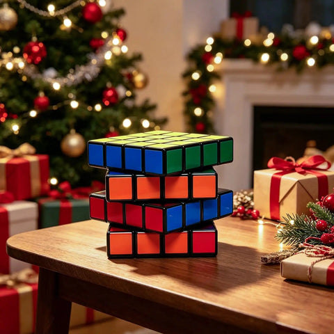 Stack of colorful Rubik's cubes on wooden table with Christmas decorations and gifts in background
