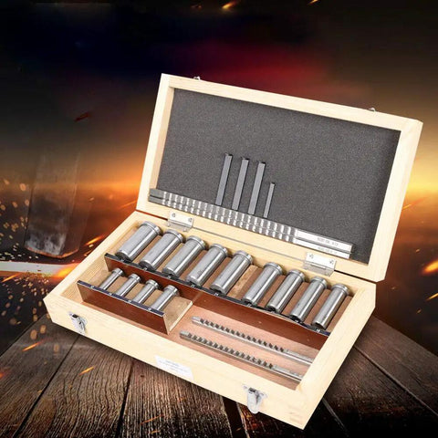 22-Piece Keyway Broach Set In Fitted Box Pro Grade Heavy Duty Metric Size Broaching Cutter Kit open in wooden box