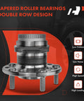 Close-up of wheel bearing hub assembly with tapered roller bearings, double row design for high speed and low noise performance.