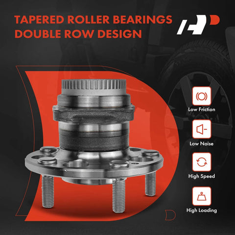 Close-up of wheel bearing hub assembly with tapered roller bearings, double row design for high speed and low noise performance.